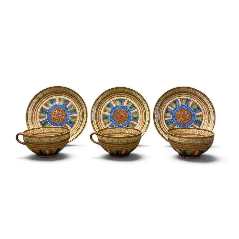 Antique Japanese 1000 Faces Porcelain Tea Cups & Saucers-Set of 3-Art Deco-Asian